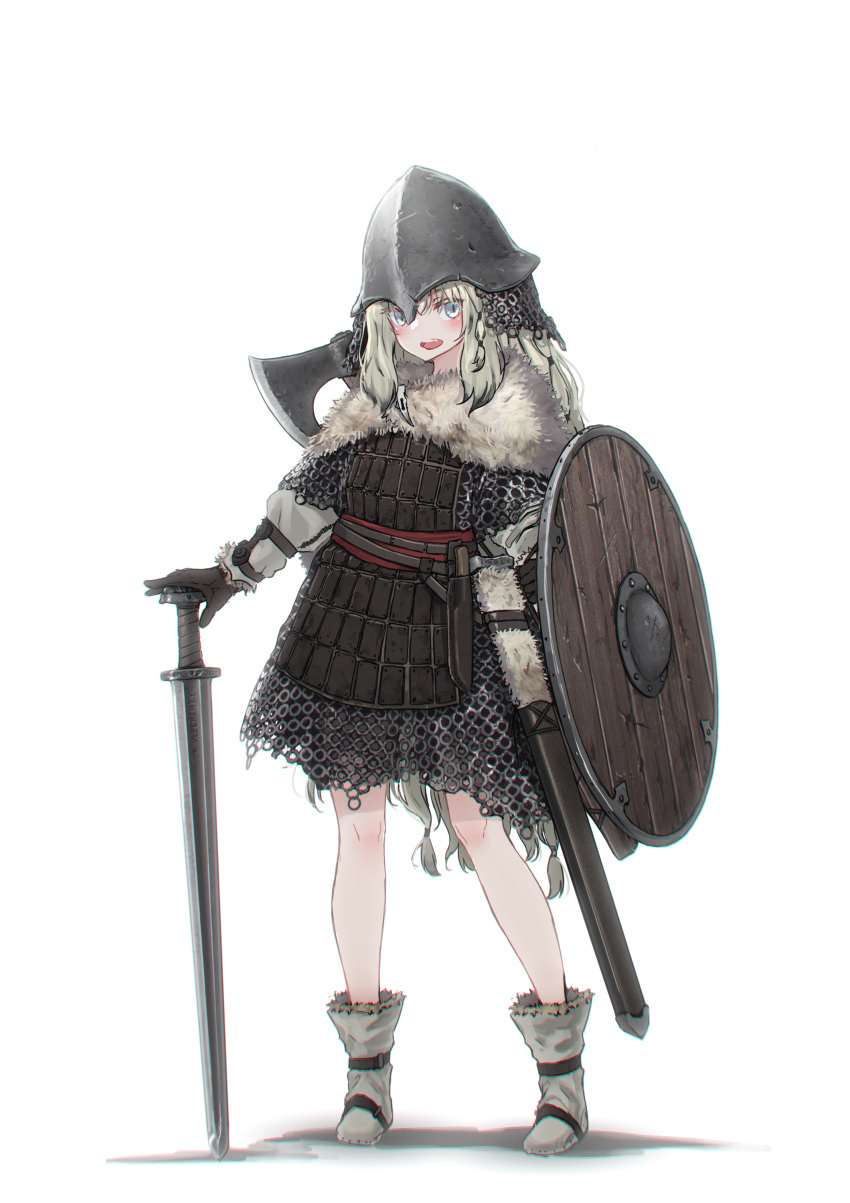 1girl :d absurdres axe battle_axe boots chainmail full_body fur_capelet gloves hauberk helmet highres knife lamellar_armor light_blue_eyes long_hair oota_youjo open_mouth original platinum_blonde_hair scabbard sheath sheathed shield short_sword smile sword very_long_hair viking weapon weapon_on_back wooden_shield