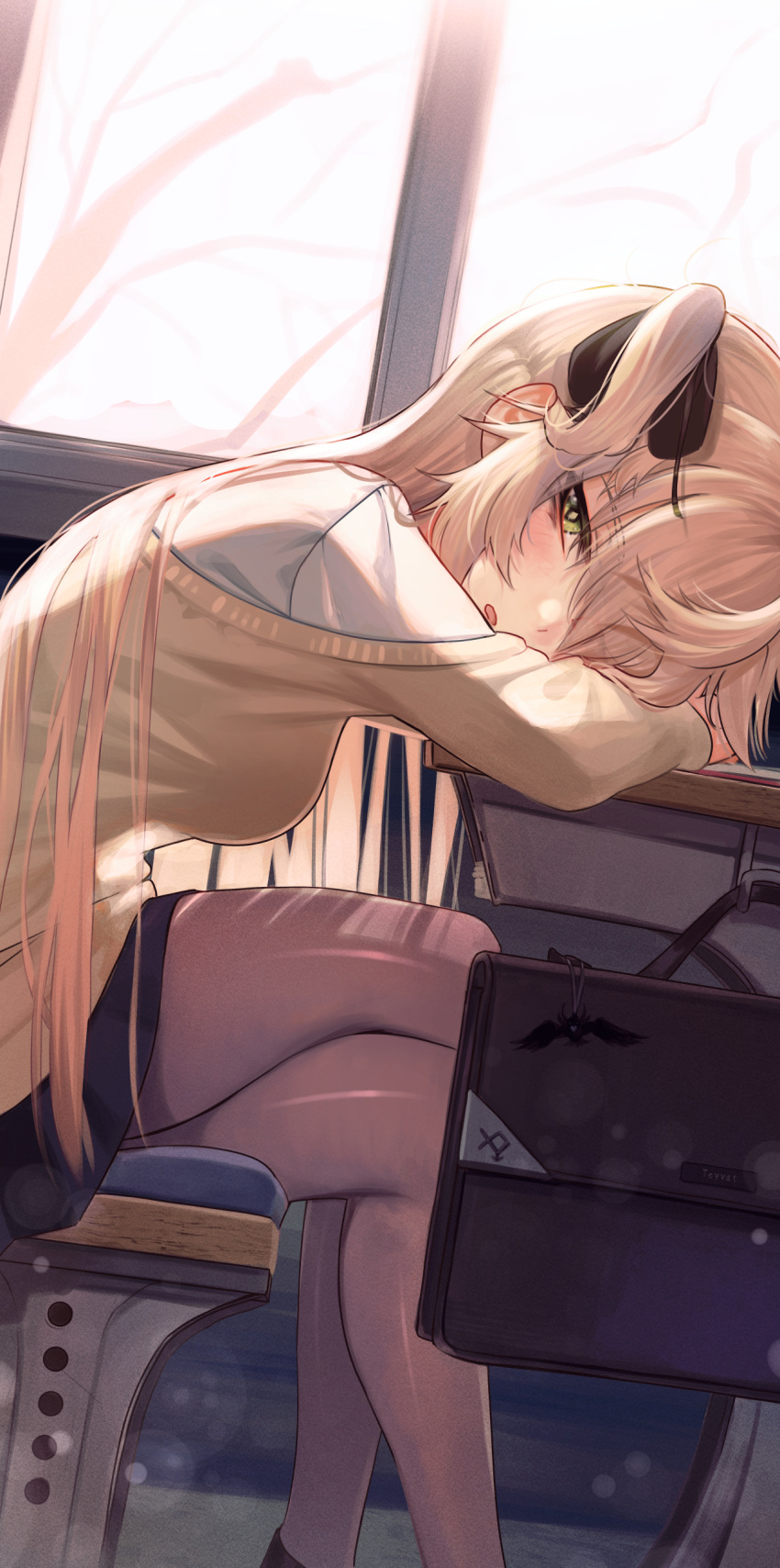 1girl absurdres backlighting bangs black_ribbon black_skirt blonde_hair blush breasts brown_cardigan brown_legwear cardigan classroom crossed_legs desk eyebrows_visible_through_hair feet_out_of_frame fischl_(genshin_impact) from_side genshin_impact green_eyes hair_ribbon head_rest highres indoors long_hair long_sleeves looking_at_viewer looking_to_the_side medium_breasts miniskirt off_shoulder one_side_up pantyhose parted_lips ribbon school_briefcase school_desk school_uniform skirt solo torriet very_long_hair