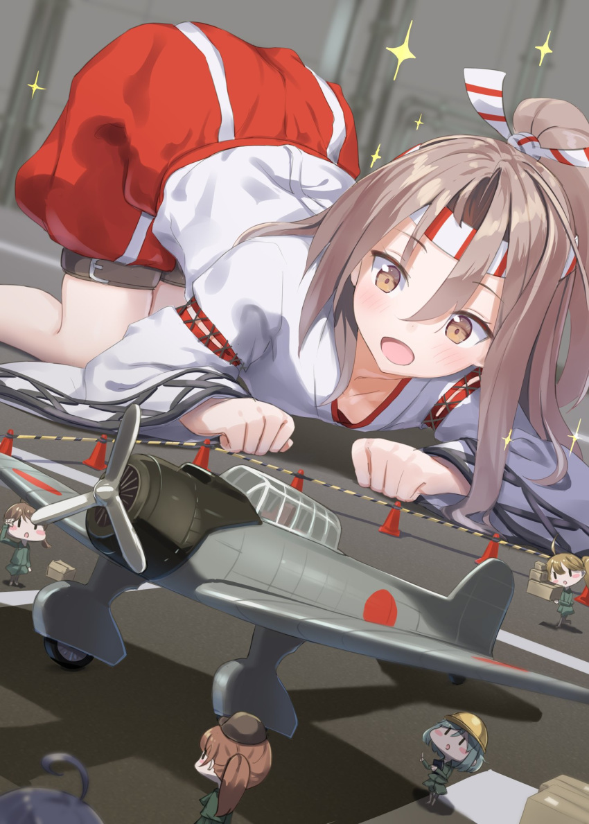 6+girls aircraft aircraft_request airplane all_fours brown_eyes commentary_request dutch_angle fairy_(kantai_collection) gedoo_(gedo) hachimaki hakama hakama_pants headband high_ponytail highres japanese_clothes kantai_collection light_brown_hair long_hair multiple_girls open_mouth ponytail red_hakama smile sparkle zuihou_(kantai_collection)