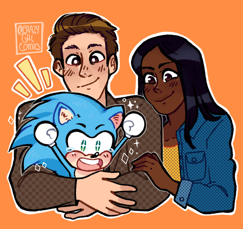 black_hair blue_body blue_fur blush bodily_fluids brown_eyes brown_hair crazygalcomics crying dark_skin eulipotyphlan female fur green_eyes hair hedgehog hi_res hug human human_focus husband_and_wife maddie_wachowski male mammal married_couple not_furry_focus orange_background simple_background sonic_the_hedgehog sonic_the_hedgehog_(film) sonic_the_hedgehog_(series) sparkles tears tom_wachowski