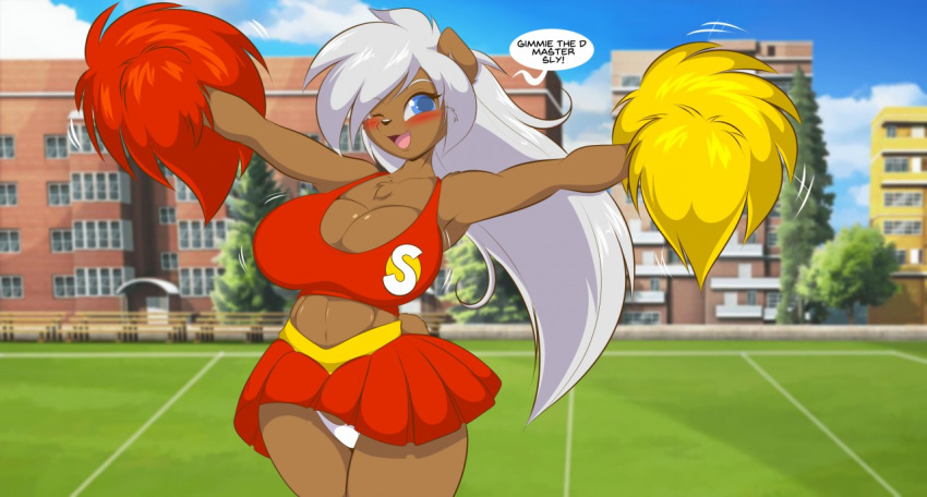 anthro blue_eyes blush bottomwear breasts brown_body brown_fur cheerleader cleavage clothed clothing female football_field fur grey_hair hair innuendo long_hair mammal mastergodai naomi_(mastergodai) one_eye_closed pom_poms skirt solo speech_bubble text ursid