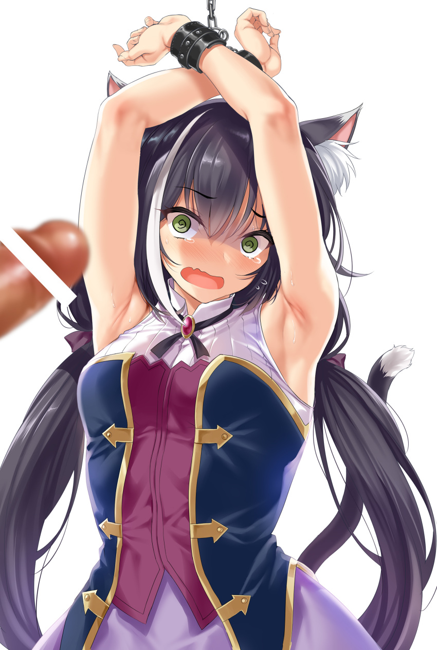 1girl @_@ absurdres animal_ear_fluff animal_ears armpits arms_up bangs bare_shoulders bdsm black_hair blush bondage bound bound_arms breasts cat_ears cat_girl cat_tail chain chained cowboy_shot dress eyebrows_visible_through_hair fang fantia_reward green_eyes highres kure_masahiro kyaru_(princess_connect) long_hair looking_at_viewer low_twintails multicolored multicolored_clothes multicolored_dress multicolored_hair paid_reward penis princess_connect! simple_background skin_fang sleeveless sleeveless_dress small_breasts streaked_hair tail tearing_up twintails very_long_hair white_background white_hair