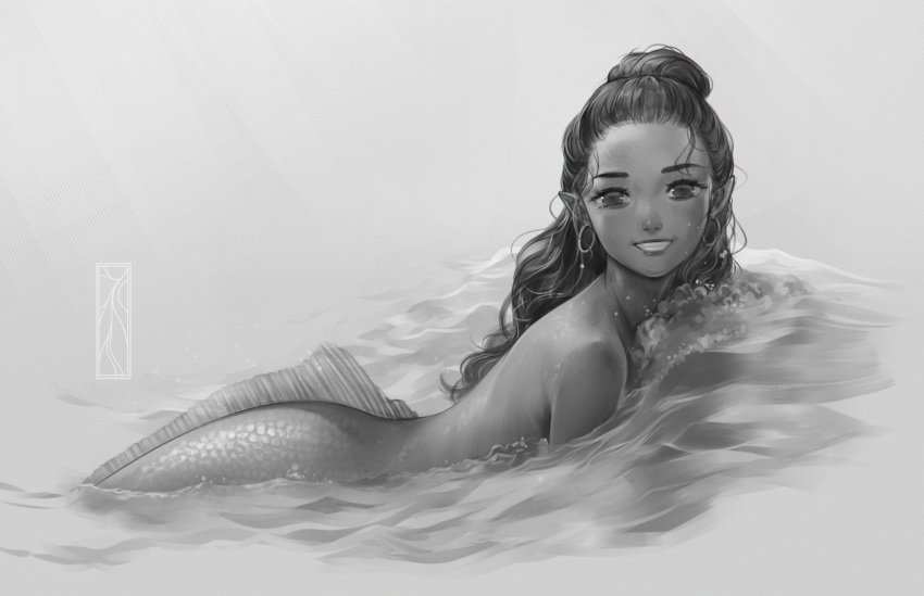 1girl :d commentary earrings english_commentary forehead grey_background greyscale grin hair_bun highres hoop_earrings jewelry kotikomori long_hair looking_at_viewer mermaid monochrome monster_girl nude open_mouth original partially_submerged pointy_ears simple_background smile swimming teeth water