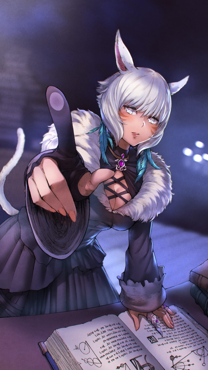 1girl absurdres against_fourth_wall animal_ears arm_support bangs black_dress book breasts bright_pupils brooch cat_ears cat_girl cat_tail cleavage commentary_request dress facial_mark feathers final_fantasy final_fantasy_xiv fingernails foreshortening fur-trimmed_dress fur_trim gloves haimerejzero hair_feathers hand_up highres huge_filesize index_finger_raised indoors jewelry leaning_forward lips long_dress long_sleeves looking_at_viewer medium_breasts miqo'te open_book open_mouth partly_fingerless_gloves pointing short_hair silver_eyes silver_hair slit_pupils solo table tail white_pupils wide_sleeves y'shtola_rhul