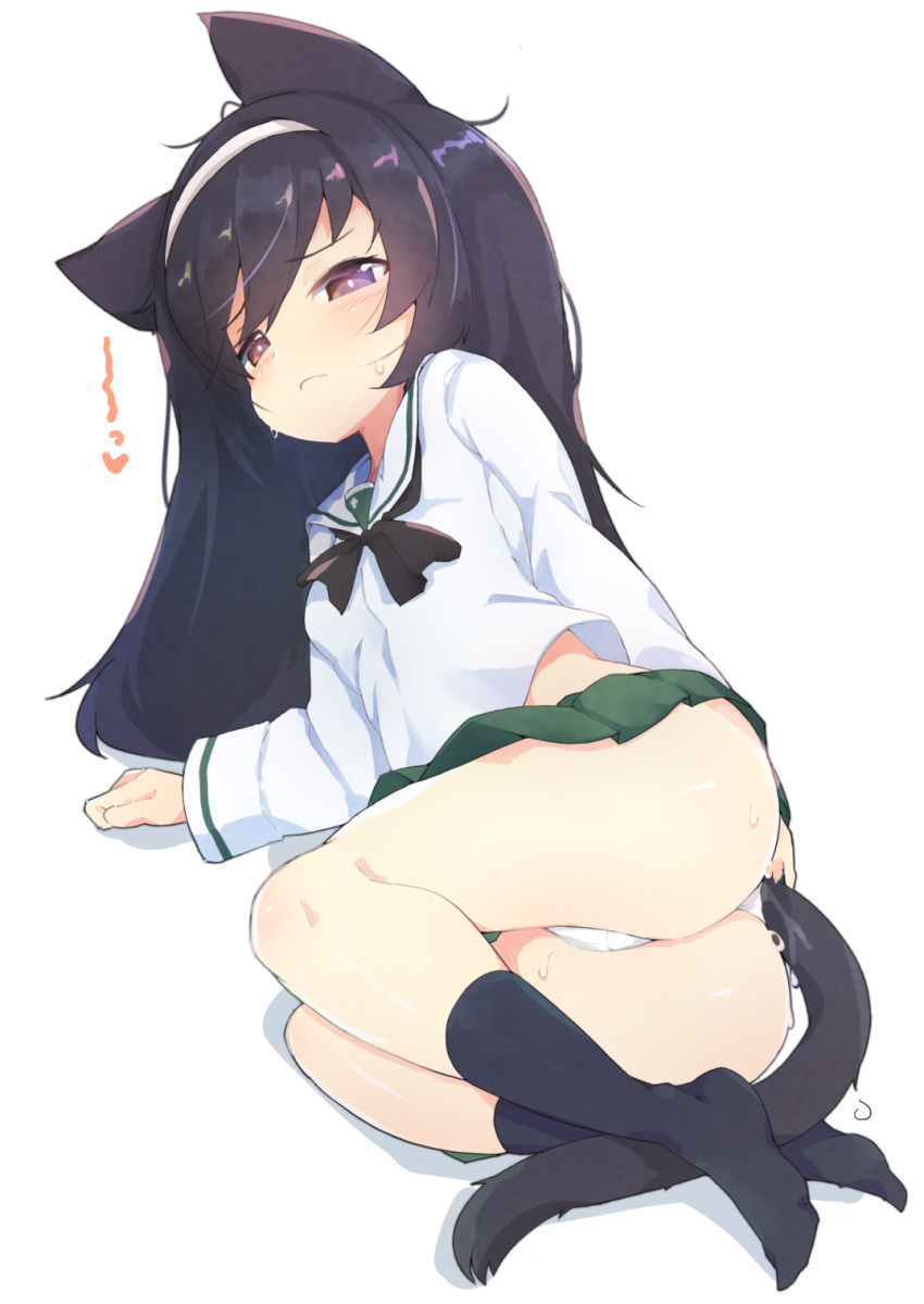 1girl animal_ears ass black_hair black_legwear brown_eyes cat_ears cat_tail girls_und_panzer hairband highres kneehighs long_hair looking_at_viewer lying on_side ooarai_school_uniform panties reizei_mako school_uniform solo sweat tail teranekosu underwear white_panties