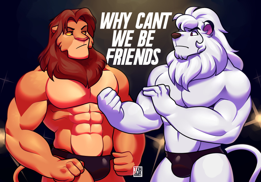 2019 abs absurd_res anthro biceps bulge clothed clothing disney duo enlish_text felid hi_res kimba kimba_the_white_lion lion male mammal muscular muscular_male osamu_tezuka pantherine pecs simba tehbluebubble the_lion_king topless underwear