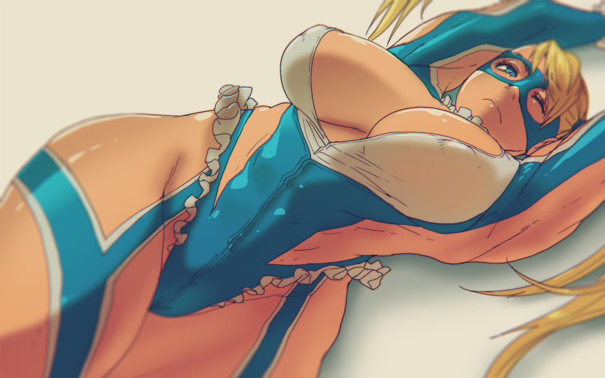 1girl arched_back armpits arms_up blonde_hair blue_eyes blue_leotard breasts butcherboy cleavage cleavage_cutout covered_nipples highres hip_vent large_breasts leotard lying mask on_back one_eye_closed rainbow_mika revealing_clothes sagging_breasts solo street_fighter street_fighter_v stretch thick_thighs thighs twintails wrestling_mask wrestling_outfit