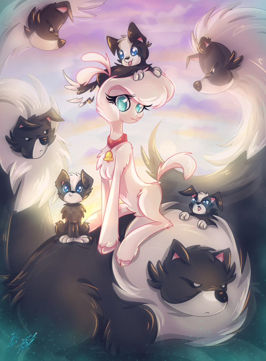 absurd_res alex_bluebird ambiguous_gender bell black_body black_fur blue_eyes bovid canid canine canis caprine collar domestic_dog female feral fur group hi_res looking_at_viewer mammal pom_(tfh) sheep sitting size_difference them's_fightin'_herds white_body white_fur