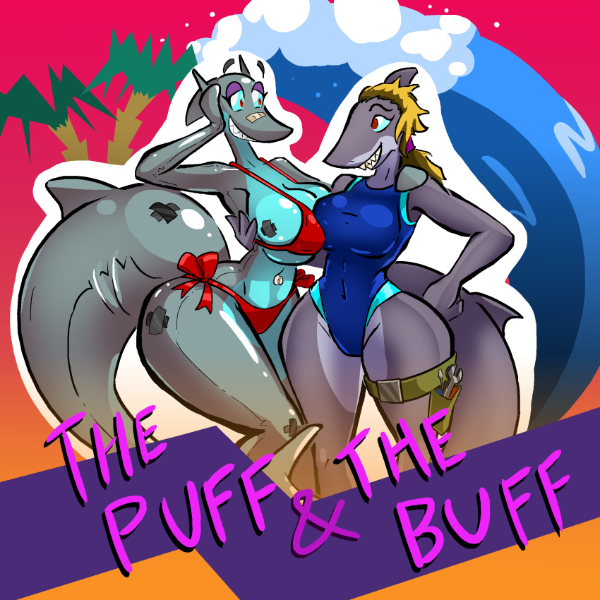 1:1 2018 absurd_res animate_inanimate anthro aygee breasts duo dusk_(aygee) female fish grey_body hair hi_res holly_(aygee) inflatable living_inflatable marine nozzle one_piece_swim_suit shark sharp_teeth smile teeth thick_thighs wide_hips