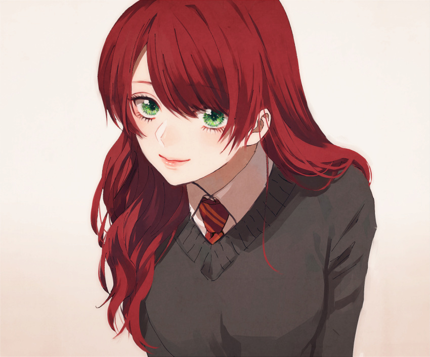 1girl bangs breasts closed_mouth green_eyes gryffindor harry_potter kurosujuu leaning_forward lily_evans long_hair long_sleeves looking_at_viewer necktie red_hair red_neckwear school_uniform smile solo sweater upper_body