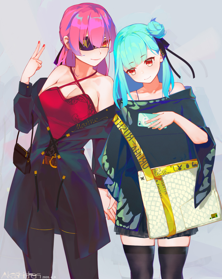 2girls akashic alternate_costume alternate_hairstyle aqua_hair aqua_nails arrow_through_heart artist_name bag bare_shoulders belt black_jacket black_legwear black_pants black_ribbon blue_shirt blush breasts casual cellphone character_name closed_mouth commentary copyright_name cowboy_shot criss-cross_halter dated english_commentary english_text eyebrows_visible_through_hair eyepatch grey_background hair_between_eyes hair_bun hair_ribbon halter_top halterneck handbag head_tilt highres holding_hands hololive houshou_marine jacket lips long_hair looking_at_another medium_breasts medium_hair mixed-language_commentary multiple_girls nail_polish off-shoulder_shirt off_shoulder pants phone ponytail red_camisole red_eyes red_hair red_nails ribbon romaji_text shirt side_bun simple_background smartphone smile thighhighs thighs uruha_rushia v virtual_youtuber wide_sleeves yuri zettai_ryouiki