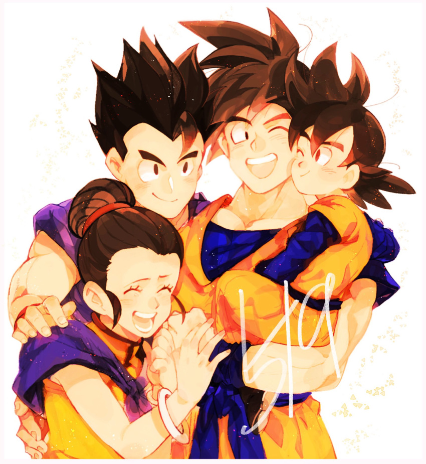 1girl 3boys :d ;d ^_^ bangs black_hair bracelet brothers carrying cheek-to-cheek chi-chi_(dragon_ball) china_dress chinese_clothes closed_eyes closed_mouth commentary_request couple d89im dougi dragon_ball dragon_ball_z dress eyelashes family father_and_son fingernails group_hug hair_bun hand_on_another's_hand hand_on_another's_shoulder hetero highres hug husband_and_wife jewelry light_particles looking_at_another messy_hair mother_and_son multiple_boys neckerchief number one_eye_closed open_mouth pectorals purple_neckwear siblings simple_background sleeveless sleeveless_dress smile son_gohan son_gokuu son_goten spiked_hair teeth upper_body upper_teeth white_background wristband