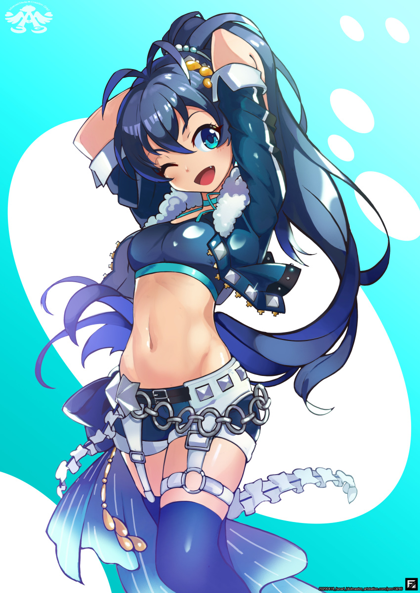 1girl ;d absurdres antenna_hair arms_behind_head arms_up artist_logo artstation_username bangs belly_chain belt black_belt black_hair blue_background blue_bow blue_choker blue_eyes blue_jacket blue_legwear blue_shorts blue_sports_bra blush bow breasts choker commentary_request cowboy_shot crop_top cropped_jacket dated eyebrows_behind_hair fang fur-trimmed_jacket fur_trim ganaha_hibiki glint groin hair_between_eyes hair_ornament highres idolmaster idolmaster_(classic) jacket jewelry logo long_hair looking_at_viewer medium_breasts midriff navel o-ring o-ring_belt one_eye_closed open_mouth pomu_(formula) ponytail shiny shiny_clothes short_shorts short_sleeves shorts sidelocks simple_background smile solo sports_bra standing thigh_strap thighhighs two-tone_background waist_bow white_background