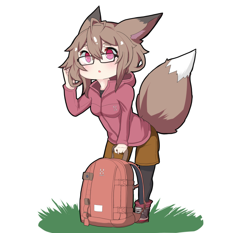 2017 alpha_channel animal_humanoid backsack balls blush bottomwear breasts brown_hair canid canid_humanoid canine canine_humanoid clothing eyewear female footwear fox_humanoid genitals glasses grass hair hi_res hoodie humanoid mammal mammal_humanoid open_mouth shoes shorts simple_background solo standing topwear transparent_background yukusasu