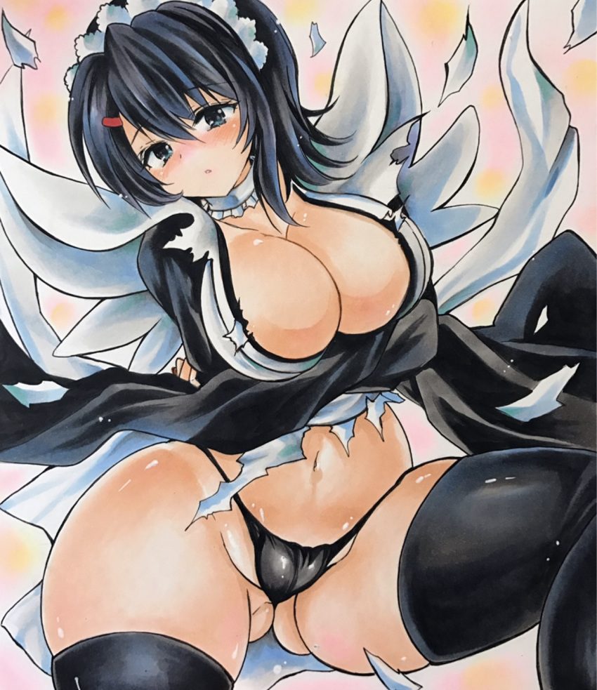 1girl black_hair black_legwear black_panties blush breast_hold breasts cameltoe cleavage curvy dress hair_ornament hairclip highres iroha_(samurai_spirits) large_breasts looking_at_viewer maid maid_headdress marker_(medium) panties samurai_spirits short_hair solo sweat thighhighs thighs torn_clothes torn_dress traditional_media twobee underwear