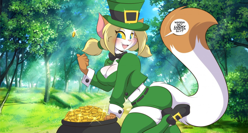 anthro blonde_hair blue_eyes breasts cleavage clothed clothing coin coin_flip domestic_cat felid feline felis female footwear forest fur gold_(metal) gold_coin green_clothing hair hat headgear headwear holidays las_lindas looking_at_viewer mammal mastergodai open_mouth pigtails pot_of_gold sarah_silkie shoes smile solo speech_bubble st._patrick's_day text tree webcomic white_body white_fur yellow_sclera