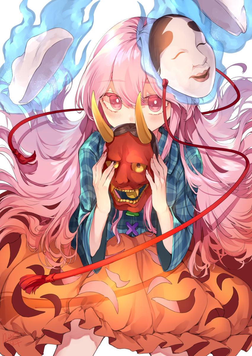 1girl blue_shirt bright_pupils covered_mouth hannya hata_no_kokoro highres holding long_hair long_sleeves looking_at_viewer nail_polish oni_mask orange_skirt pink_eyes pink_hair pink_nails plaid plaid_shirt risui_(suzu_rks) shirt simple_background skirt solo touhou white_background wide_sleeves