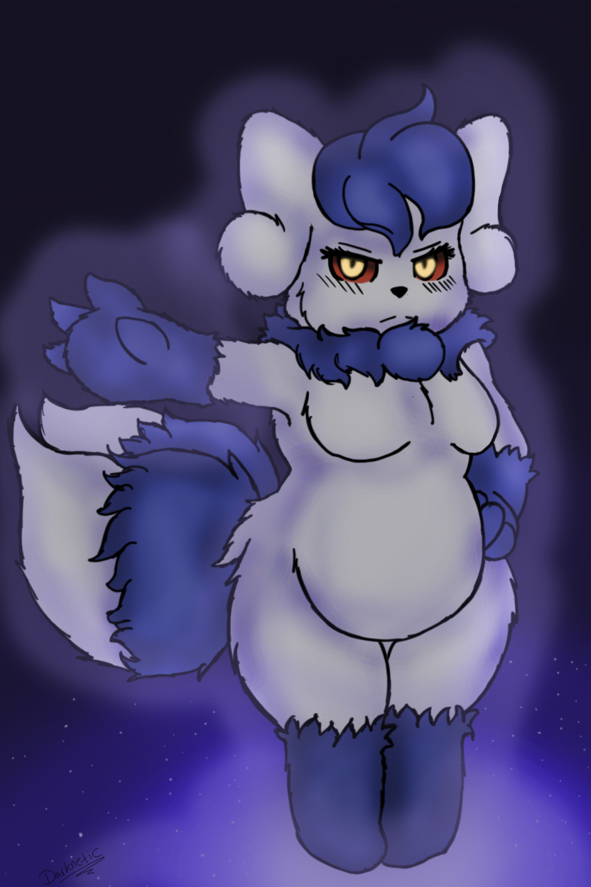 2:3 2_tails amy_the_mystgoose blue_body blue_fur breasts darknetic digital_media_(artwork) fak&eacute;mon female feral fluffy fluffy_tail fur glowing glowing_eyes hi_res hybrid meowstic multi_tail mystgoose nintendo own_character pok&eacute;mon pok&eacute;mon_(species) simple_background slightly_chubby solo superpowers video_games white_body white_fur zangoose