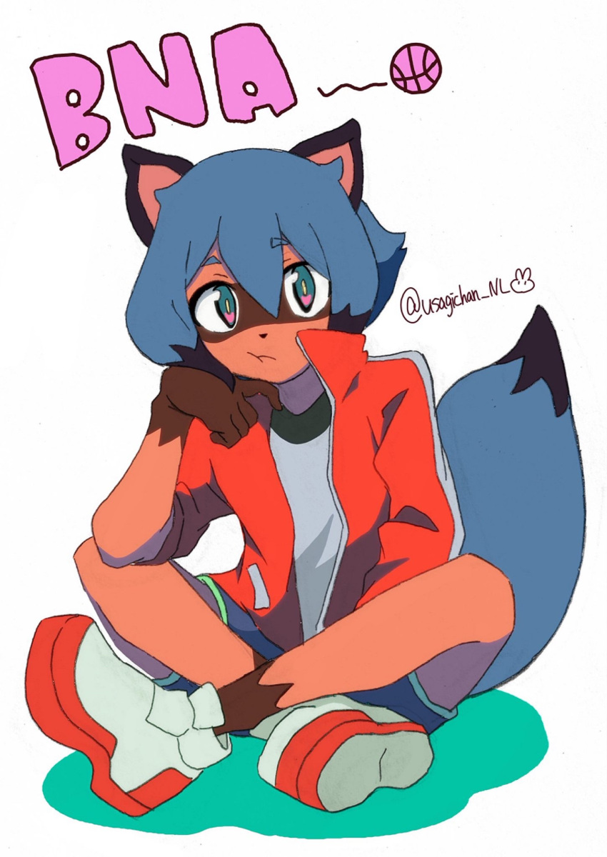 2020 anthro black_body black_fur black_hair black_nose blue_body blue_eyes blue_fur blue_hair brand_new_animal brown_body brown_fur canid canine clothed clothing crossed_legs female fingers fluffy fluffy_tail footwear fur hair hi_res jacket mammal michiru_kagemori multicolored_body multicolored_fur multicolored_hair raccoon_dog shoes short_hair sitting solo studio_trigger tanuki topwear usagichan