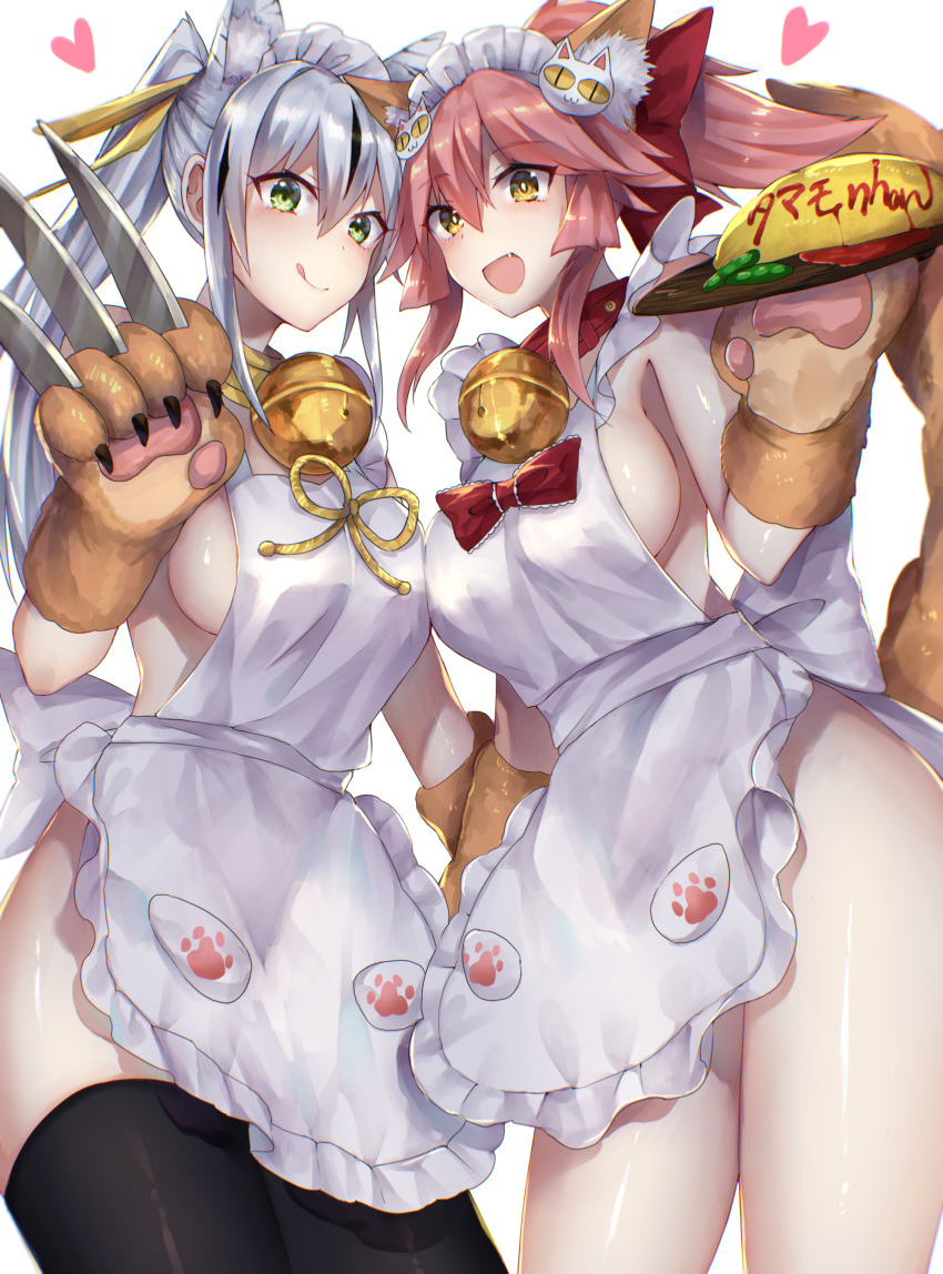 2girls absurdres animal_ear_fluff animal_ears apron bangs bare_shoulders bell bell_collar black_hair black_legwear blush breasts cat_hair_ornament cat_paws closed_mouth collar fate/extra fate/grand_order fate_(series) fox_ears fox_girl fox_tail frilled_apron frills gloves green_eyes hair_between_eyes hair_ornament highres hitomin_(ksws7544) jingle_bell large_breasts licking_lips long_hair looking_at_viewer maid_headdress medium_breasts multicolored_hair multiple_girls nagao_kagetora_(fate) naked_apron open_mouth paw_gloves paws pink_hair ponytail sideboob sidelocks simple_background smile streaked_hair tail tamamo_(fate)_(all) tamamo_cat_(fate) tongue tongue_out two-tone_hair white_apron white_background white_hair yellow_eyes