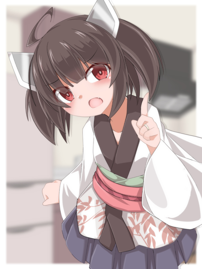 1girl ahoge ao_(aoblueao) black_hair blue_skirt blurry blurry_background collarbone commentary_request depth_of_field fang hand_up head_tilt headgear highres index_finger_raised japanese_clothes jewelry kimono looking_at_viewer open_mouth pleated_skirt red_eyes ring skirt solo touhoku_kiritan twintails v-shaped_eyebrows voiceroid white_kimono