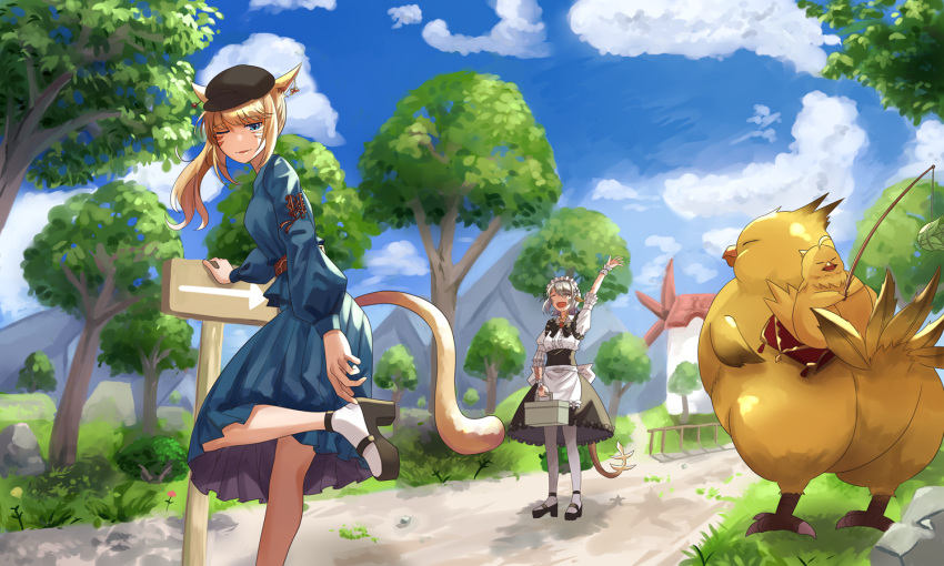 2girls animal_ears apron arm_support au_ra blonde_hair blue_eyes blurry carrot_on_stick cat_ears cat_tail chocobo cloud depth_of_field dragon_tail dress earrings fat_chocobo fence final_fantasy final_fantasy_xiv happy hat high_heels horns jewelry long_hair maid maid_apron maid_dress maid_headdress miqo'te motivation mountain multiple_girls ojiki open_mouth outdoors pantyhose road rock silver_hair sky slit_pupils smile standing standing_on_one_leg tail tree waving white_legwear windmill wrist_cuffs