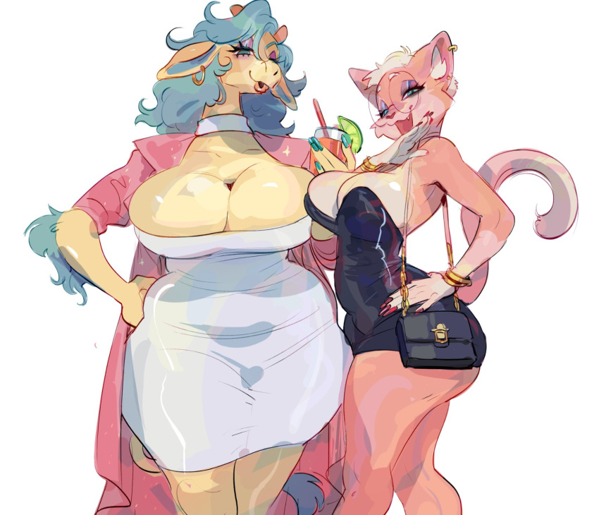 anthro beverage big_breasts bovid bovine breast_size_difference breasts bypbap cleavage clothed clothing domestic_cat dress duo ear_piercing ear_ring effie_(bypbap) eyewear felid feline felis female glasses hand_on_hip hi_res huge_breasts looking_at_viewer mammal mature_female piercing pink_body purse simple_background thick_thighs white_background wide_hips