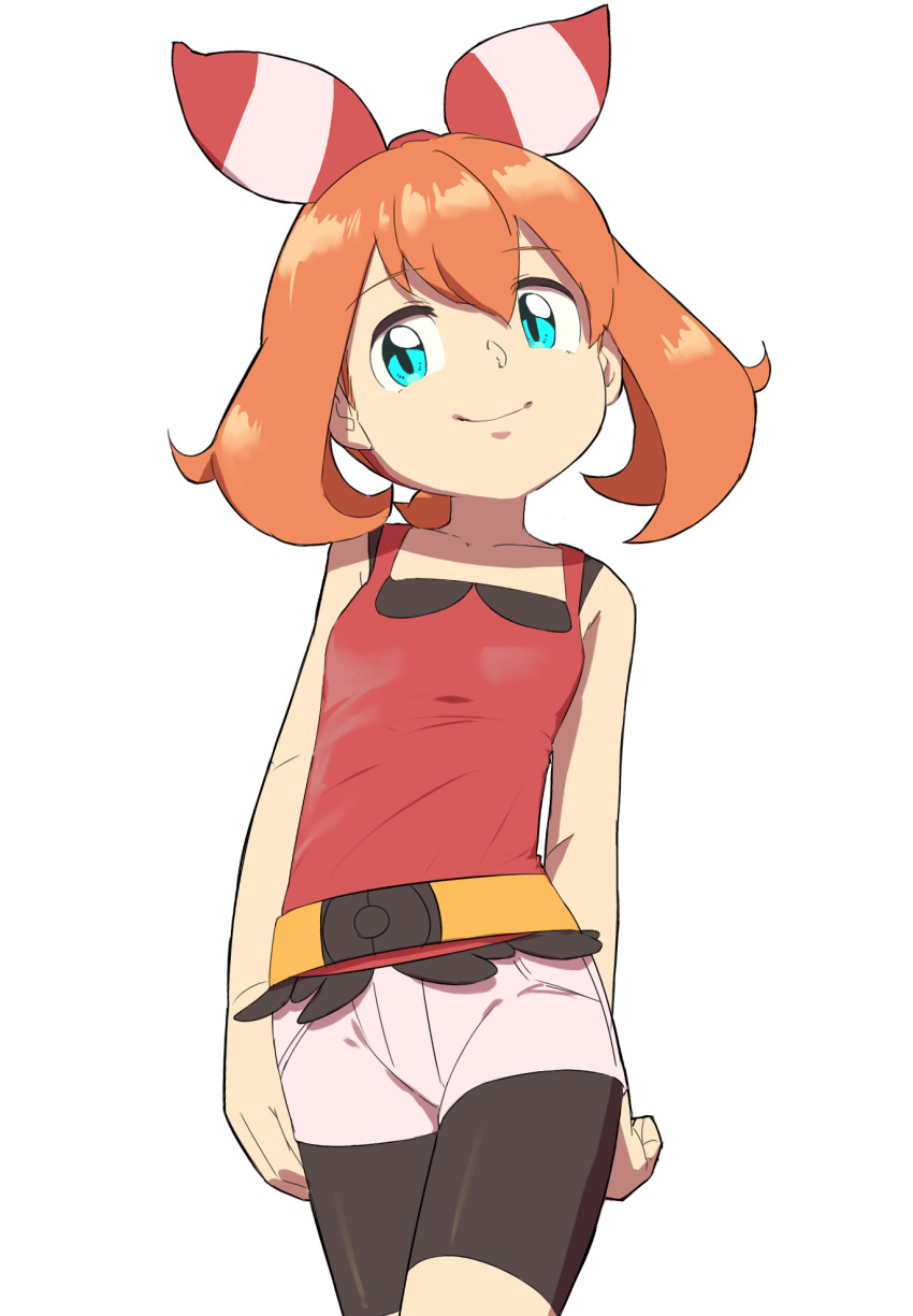 1girl bike_shorts blue_eyes breasts brown_hair closed_mouth haruka_(pokemon) highres long_hair looking_at_viewer nyonn24 pokemon pokemon_(game) pokemon_oras ribbon shorts simple_background sleeveless smile solo white_background