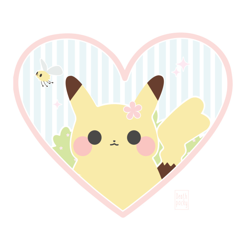 :3 black_eyes closed_mouth commentary creature cutiefly english_commentary flower flying gen_1_pokemon gen_7_pokemon hair_flower hair_ornament heart highres looking_at_viewer no_humans paolina_missio pikachu pokemon pokemon_(creature) striped striped_background