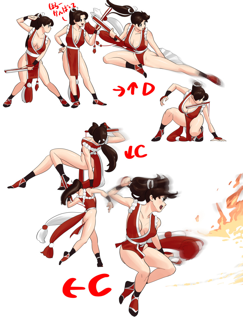 1girl ass breasts brown_hair cleavage elbowing fan folding_fan gameplay_mechanics highres jheflow45 kicking long_hair ponytail revealing_clothes shiranui_mai the_king_of_fighters