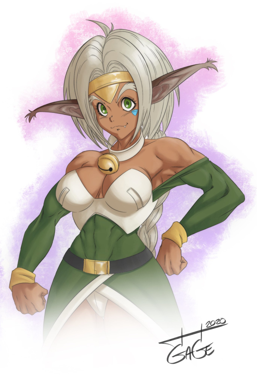 aisha_clanclan animal_humanoid bell big_breasts breasts cleavage clothed clothing collar ctarl-ctarl dark_skin felid felid_humanoid female gage_(artist) hair hand_on_hip hi_res humanoid jingle_bell looking_at_viewer mammal mammal_humanoid muscular muscular_female outlaw_star pose solo white_hair