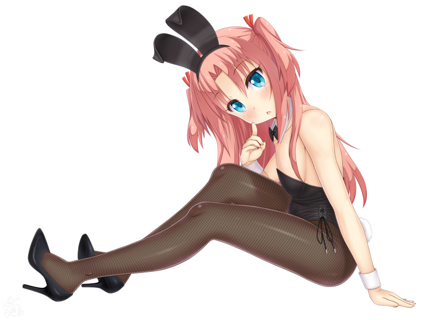 1boy absurdres animal_ears arikawa_hime black_footwear black_legwear black_leotard black_neckwear blue_eyes bow bowtie bunny_ears bunny_tail bunnysuit commentary_request crossdressing detached_collar fishnet_legwear fishnets high_heels highres himegoto leotard long_hair looking_at_viewer male_focus otoko_no_ko pantyhose pink_hair sainohikari sitting solo strapless strapless_leotard tail two_side_up wrist_cuffs