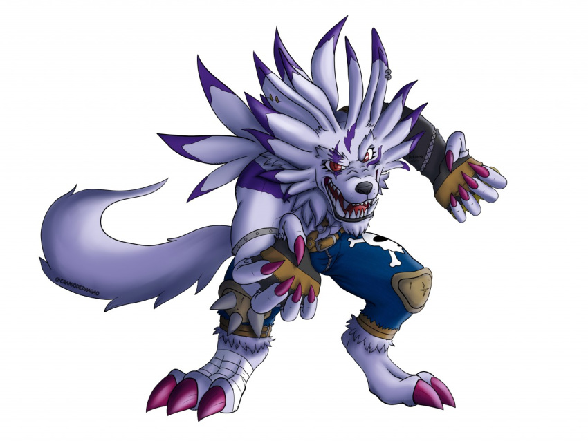 3_toes 4:3 5_fingers anthro black_nose bottomwear canid canine claws clothing craniodedragoas digimon digimon_(species) ear_piercing eyelashes feathers fingers fur male mammal markings piercing purple_body purple_claws purple_fur purple_markings red_eyes sharp_teeth shorts simple_background solo teeth toe_claws toes were werecanid werecanine weregarurumon white_background