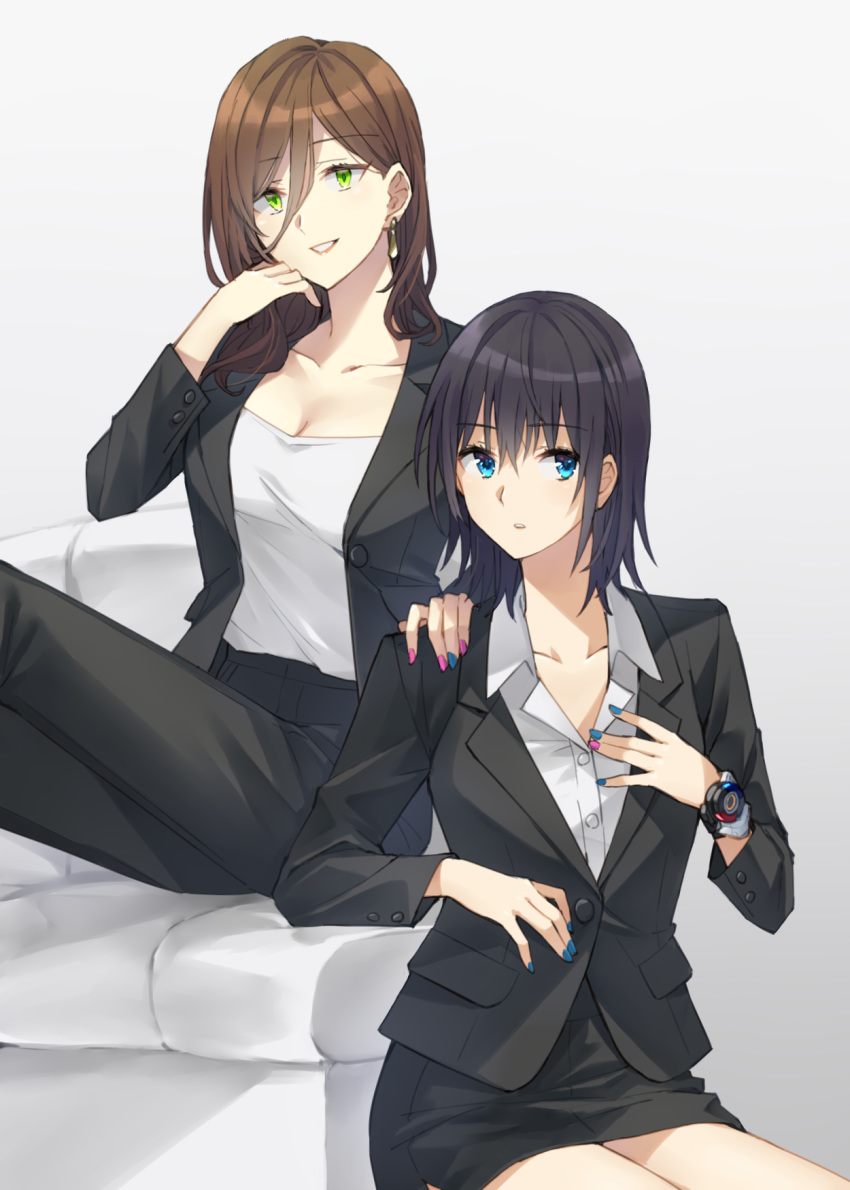 2girls bangs black_hair black_jacket black_pants black_skirt blue_eyes blue_nails blush breasts brown_hair cleavage collarbone collared_shirt dress_shirt eyebrows_visible_through_hair formal green_eyes grey_background hair_between_eyes hand_on_another's_shoulder hero-san_to_moto_onna_kanbu-san highres honey_trap_(hero-san_to_moto_onna_kanbu-san) honjou_hayate jacket long_hair long_sleeves looking_at_viewer medium_breasts multicolored multicolored_nails multiple_girls nail_polish open_clothes open_jacket pant_suit pants parted_lips pencil_skirt pink_nails shirt simple_background sitting skirt skirt_suit smile somechime_(sometime1209) suit watch white_shirt wristwatch
