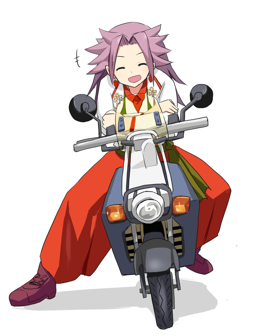 1girl ^_^ absurdres closed_eyes dress_shirt facing_viewer full_body ground_vehicle highres jun'you_(kantai_collection) kantai_collection kitagawa_(ktgw_116) long_hair magatama motor_vehicle motorcycle on_motorcycle open_mouth purple_eyes purple_footwear purple_hair remodel_(kantai_collection) scooter shirt shoes simple_background sneakers solo spiked_hair vest white_background