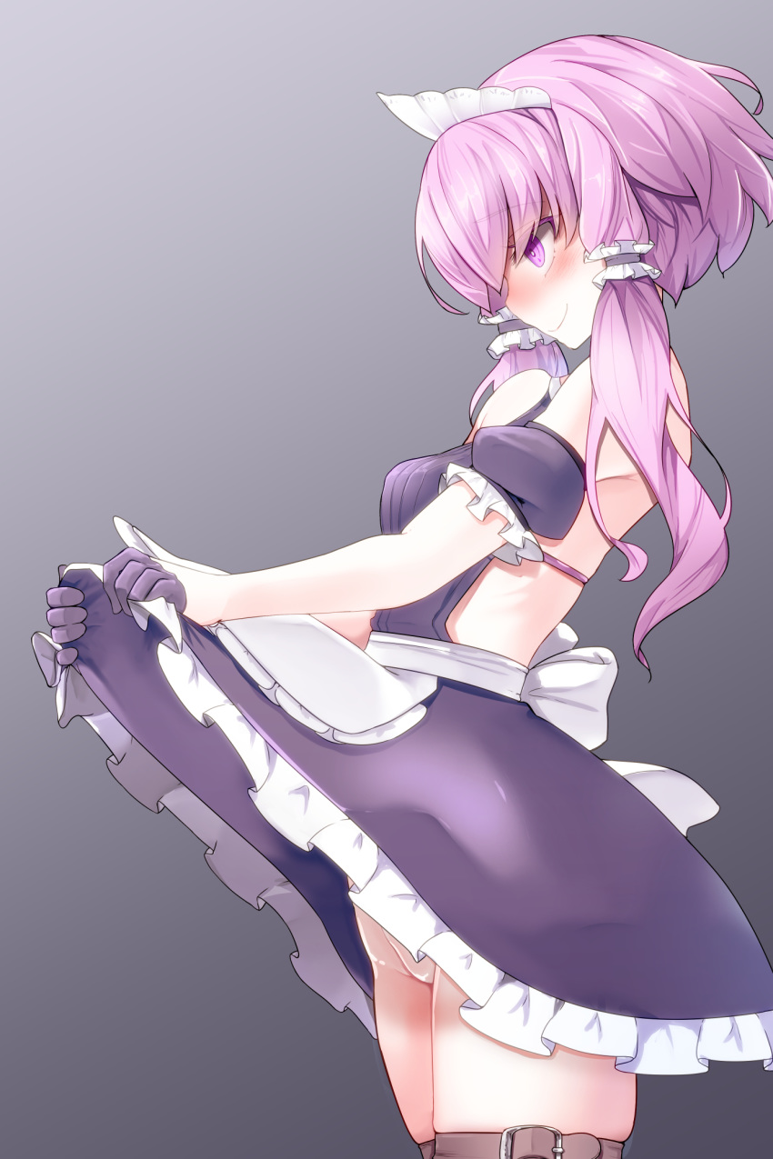 1girl bangs bare_back bare_shoulders blush breasts commentary_request detached_sleeves dress dress_lift eyebrows_visible_through_hair frills from_side gloves hair_ornament highres lifted_by_self long_hair maid maid_dress maid_headdress medium_breasts pon_(shind_997) purple_dress purple_eyes purple_gloves purple_hair pussy_peek short_hair_with_long_locks short_sleeves smile solo thigh_strap voiceroid yuzuki_yukari