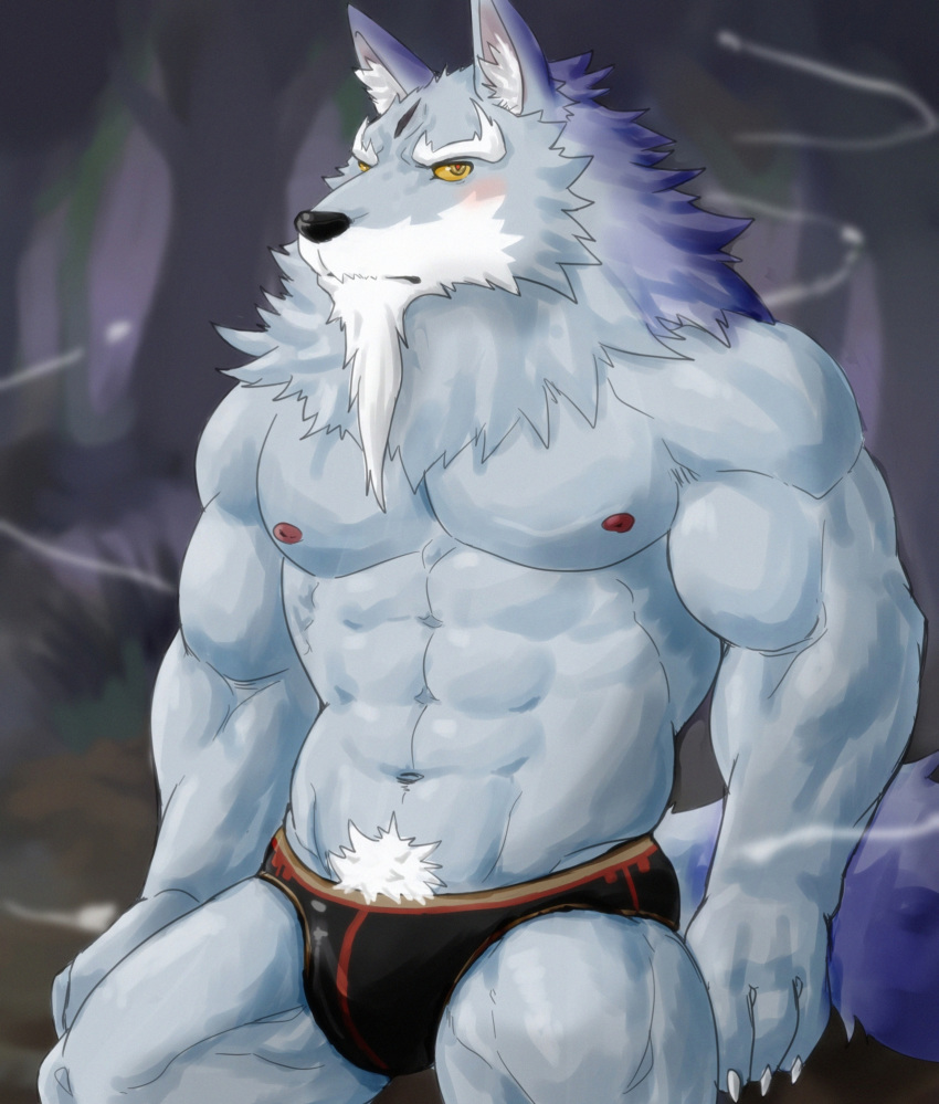 abs anthro black_clothing black_nose black_underwear blue_body blue_fur blush canid canine canis claws clothed clothing eurobeat eyebrows fur hi_res law_(sdorica_sunset) looking_at_viewer male mammal muscular muscular_male navel nipples pecs pubes sdorica_sunset solo topless underwear wolf