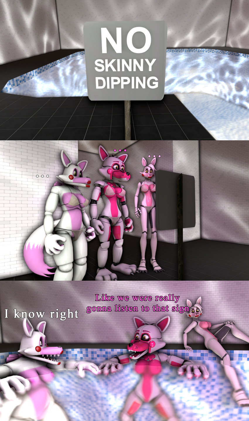 2020 3d_(artwork) absurd_res animatronic anthro big_breasts binocszoomx10 breasts canid canine clothing digital_media_(artwork) english_text female fingers five_nights_at_freddy's five_nights_at_freddy's_2 fox funtime_foxy_(fnaf) genitals hi_res machine mammal mangle_(fnaf) nipples nude pool_(disambiguation) pussy robot skinny_dipping source_filmmaker swimwear text underwater video_games water widescreen