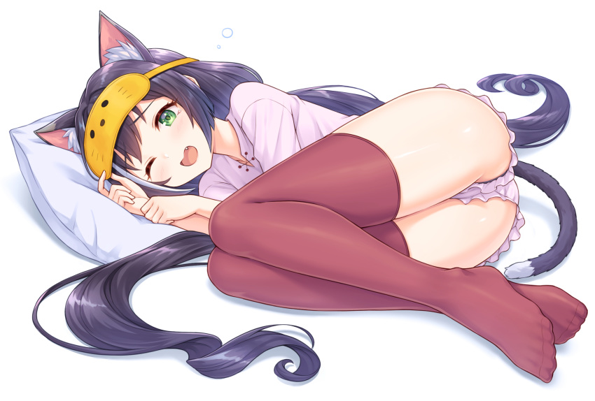 1girl animal_ear_fluff animal_ears ass black_hair black_panties blush cat_ears cat_girl cat_tail commentary_request fang full_body green_eyes grey_hair hands_up highres kyaru_(princess_connect!) long_hair looking_at_viewer low_twintails lying mask mask_on_head multicolored_hair no_shoes on_side one_eye_closed open_mouth panties pillow pink_shirt pink_shorts princess_connect! princess_connect!_re:dive red_legwear shirt short_shorts shorts sleep_mask solo streaked_hair tail thighhighs tomo_(user_hes4085) twintails underwear very_long_hair white_background