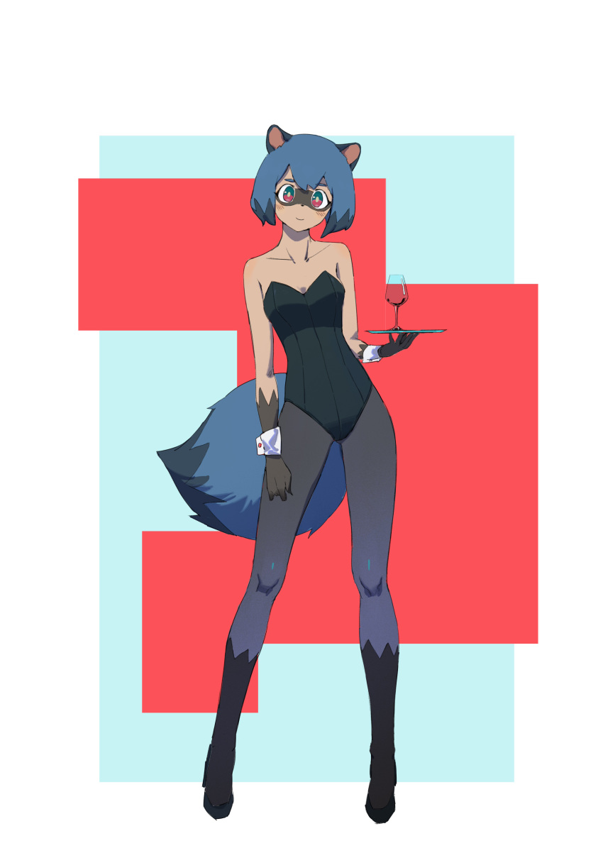 absurd_res anthro blue_body blue_eyes blue_hair brand_new_animal breasts brown_body brown_fur canid canine clothed clothing cuff_links female fluffy fluffy_tail full-length_portrait fur hair hi_res hlding_object looking_at_viewer mammal michiru_kagemori portrait raccoon_dog short_hair smile solo standing studio_trigger tanuki tray