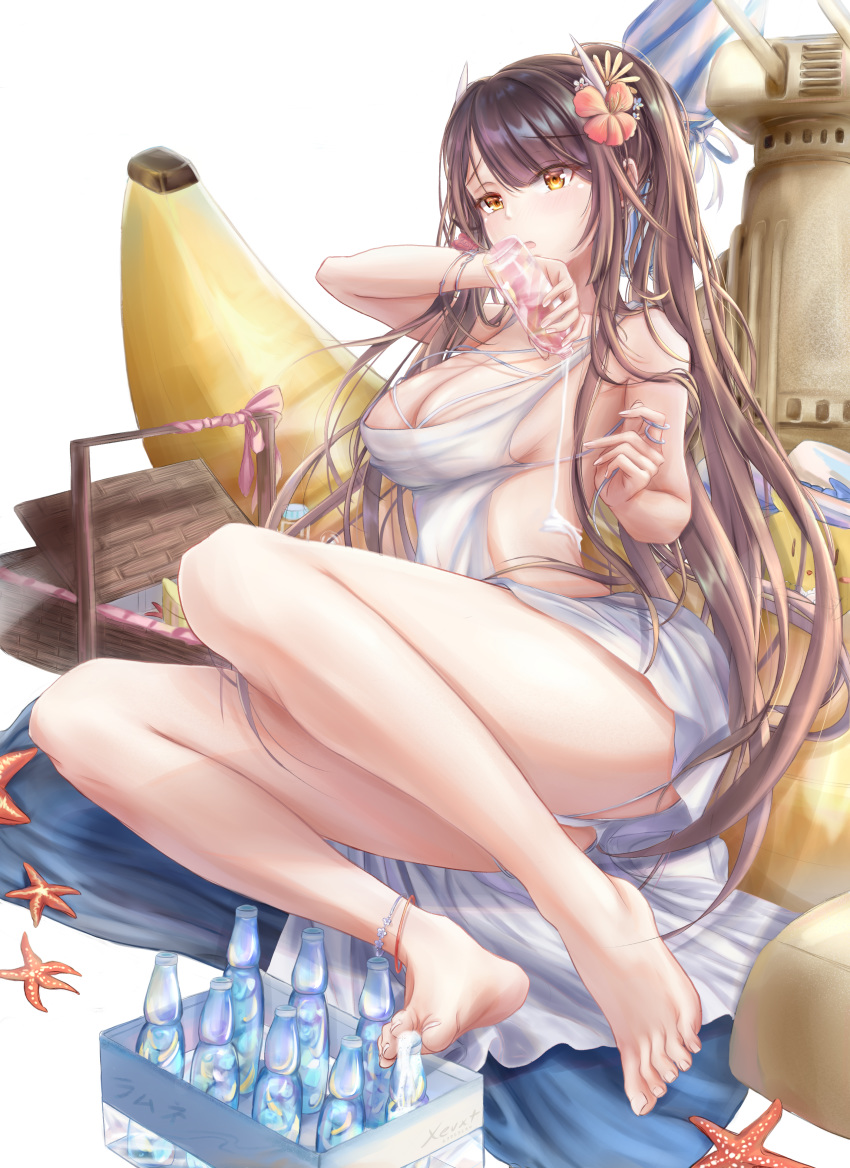 1girl absurdres azur_lane banana bare_legs barefoot beach_umbrella bottle breasts brown_hair commentary_request crate feet flower food fruit hair_flower hair_ornament hiei_(azur_lane) highres holding holding_bottle holding_drink horns huge_filesize long_hair picnic_basket pouring_onto_self raft ramune red_flower red_rose rose sand_castle sand_sculpture sideboob simple_background sitting soles starfish swimsuit thighs umbrella white_background xevxt yellow_eyes