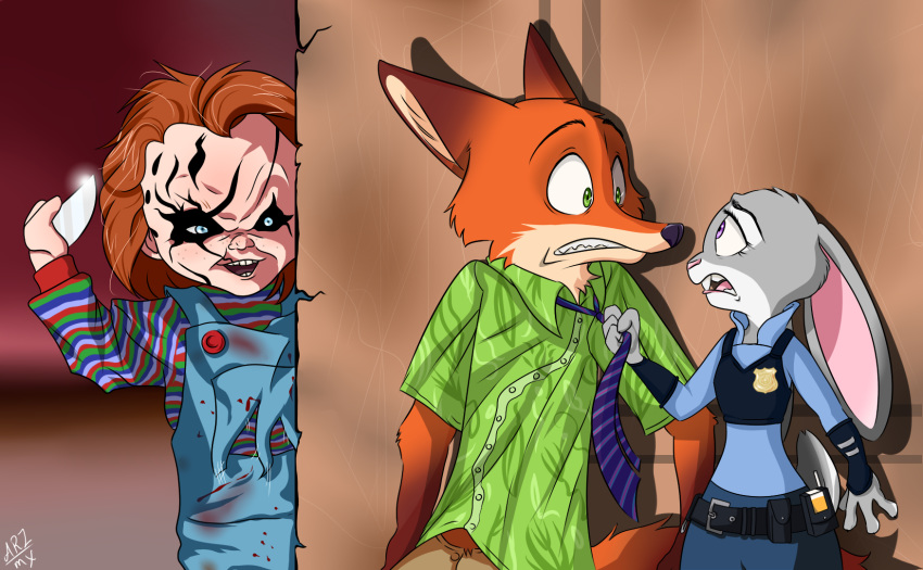 2019 anthro arzmx belt bottomwear canid canine chucky_(child's_play) clothed clothing disney eye_contact fox fully_clothed fur group hi_res holding_knife judy_hopps knife lagomorph leporid looking_at_another mammal necktie nick_wilde orange_body orange_fur pants police_uniform rabbit red_fox shirt topwear uniform zootopia