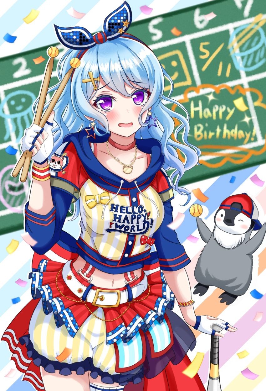 1girl back_bow backwards_hat ball bang_dream! bangs baseball baseball_bat belt bird blue_hairband blue_sleeves blush bow breasts choker clothes_writing collarbone commentary_request confetti cowboy_shot dated diagonal_stripes drawstring drumsticks earrings eyebrows_visible_through_hair fingerless_gloves gloves hair_between_eyes hair_ornament hairband hairclip happy_birthday hat highres holding holding_ball holding_drumsticks hood hood_down hooded_jacket jacket jellyfish jewelry kurauchin_start layered_sleeves light_blue_hair long_hair looking_at_viewer matsubara_kanon medium_breasts midriff multicolored multicolored_background navel necklace open_mouth penguin purple_eyes red_bow red_choker red_skirt scoreboard short_sleeves shorts sidelocks single_thighhigh skirt solo_focus standing star star_earrings striped striped_shorts suspender_shorts suspenders thighhighs white_belt white_gloves white_legwear wristband