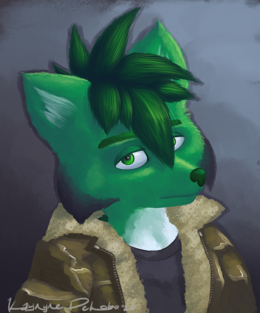 anthro canid canine canis clothing fur green_body green_eyes green_fur hi_res jacket k9player_(artist) kaynyne_delobo_(character) leather leather_jacket looking_at_viewer male mammal painting_(artwork) portrait solo topwear traditional_media_(artwork) wolf
