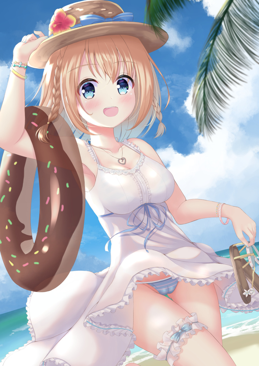 1girl :d a4_takahashi absurdres beach blonde_hair blue_eyes blue_panties blue_ribbon braid breasts cameltoe cleavage cloud day dress flower hand_up hat hat_flower hat_ribbon heart heart_necklace highres innertube jewelry large_breasts medium_breasts moe2020 nail_polish necklace open_mouth original outdoors panties ribbon sandals_removed short_hair smile standing striped striped_panties thigh_strap underwear white_dress wristband