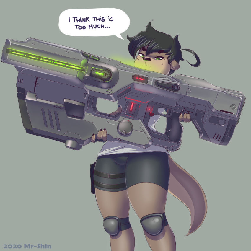 1:1 2020 anthro artist_name black_nose bottomwear clothed clothing english_text eyebrows hair hi_res holding_gun holding_object holding_weapon knee_pads looking_down lutrine mammal mr-shin mustelid shin_(mr-shin) simple_background solo text topwear weapon year