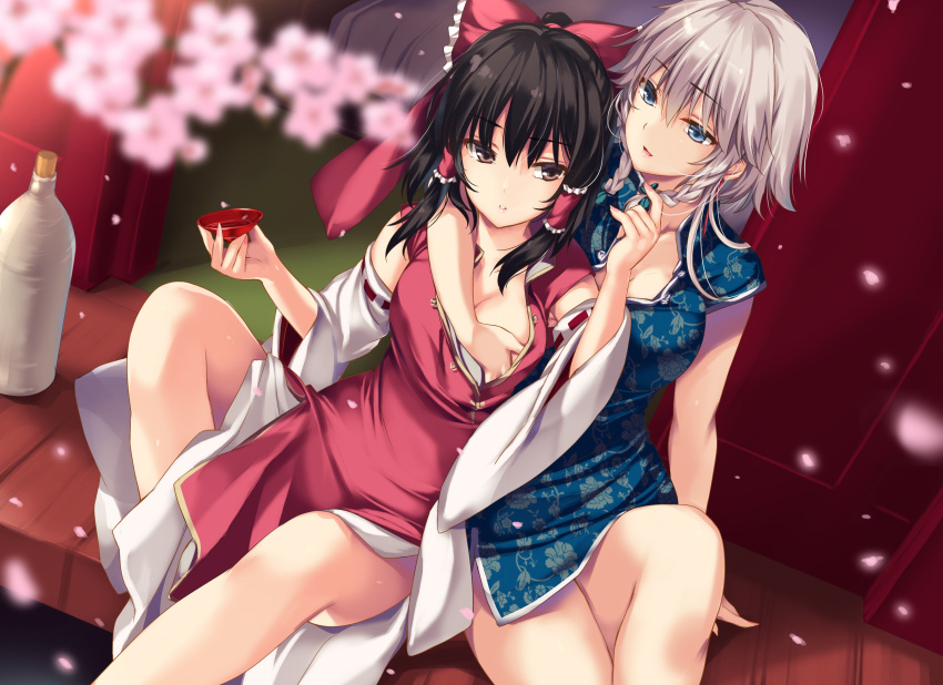 2girls absurdres arm_around_shoulder bangs bare_arms black_hair blue_dress blue_eyes blurry bottle bow braid breast_grab brown_eyes cherry_blossoms china_dress chinese_clothes cup detached_sleeves dress dutch_angle eyebrows_visible_through_hair feet_out_of_frame frilled_bow frills grabbing hair_between_eyes hair_bow hair_tubes hakurei_reimu highres holding holding_cup izayoi_sakuya looking_at_another moneti_(daifuku) multiple_girls parted_lips petals red_bow red_dress sakazuki short_dress short_hair silver_hair sitting smile touhou twin_braids yuri