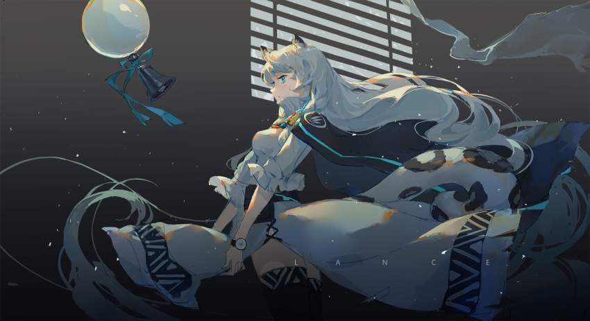 1girl animal_ear_fluff animal_ears aqua_eyes arknights bell coat curtains floating floating_hair floating_object flowing_dress full_body grey_legwear highres jewelry lance_(lancelliu) leopard_ears leopard_tail necklace pramanix_(arknights) ribbon skirt tail thighhighs watch white_hair