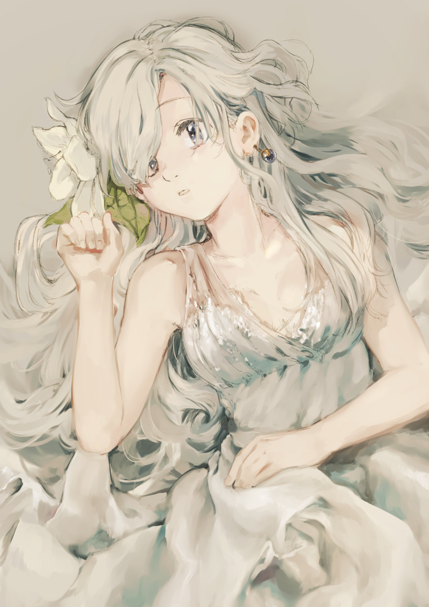 1girl absurdres awa_(12687414) bangs bed_sheet breasts cleavage dress earrings elizabeth_liones flower from_above grey_background grey_dress grey_eyes hair_flower hair_ornament highres jewelry long_hair lying nanatsu_no_taizai on_back parted_lips silver_hair sketch sleeveless sleeveless_dress small_breasts solo swept_bangs very_long_hair white_flower