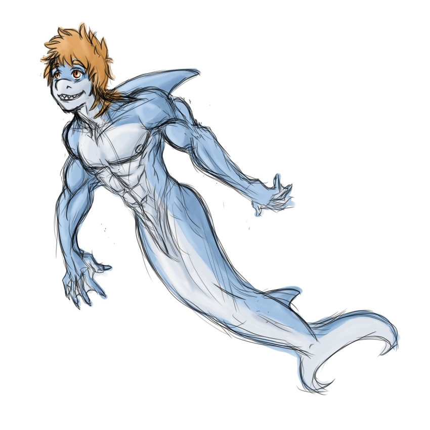 1:1 abs animal_humanoid anthro biceps blue_body blue_skin brown_eyes brown_hair fin fingers fish hair hi_res humanoid hybrid male marine marine_humanoid merfolk muscular muscular_male powerblock87 shark sharp_teeth smile solo tail_fin teeth